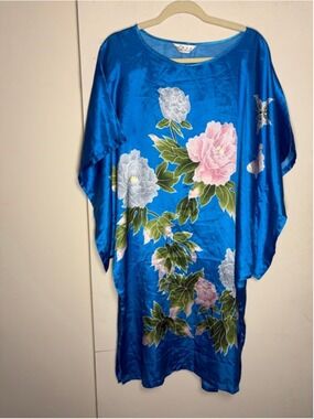 Vintage TianBaoGong Blue Satin Kaftan - Peony & Butterfly Print One Size
